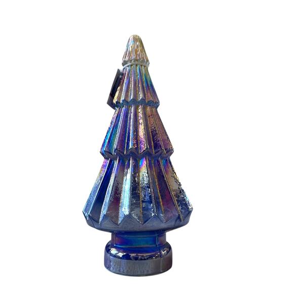 Illuminated Glass Christmas Tree 13.25in Blue & Gold Chic LED Holiday Decor New - Picture 2 of 15